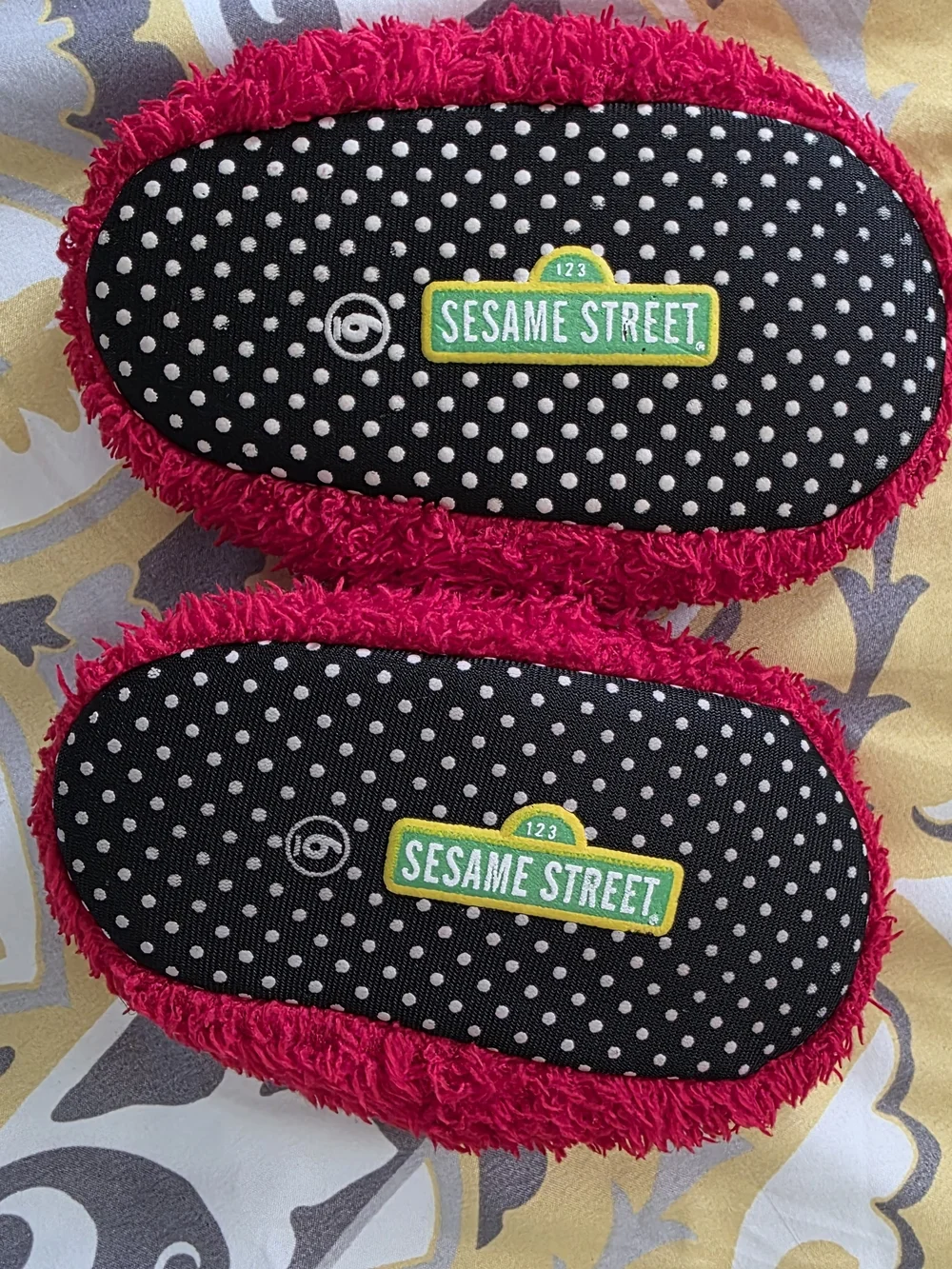 Sesame Street Red Fuzzy Slipper Soles with Polka Dot Grip